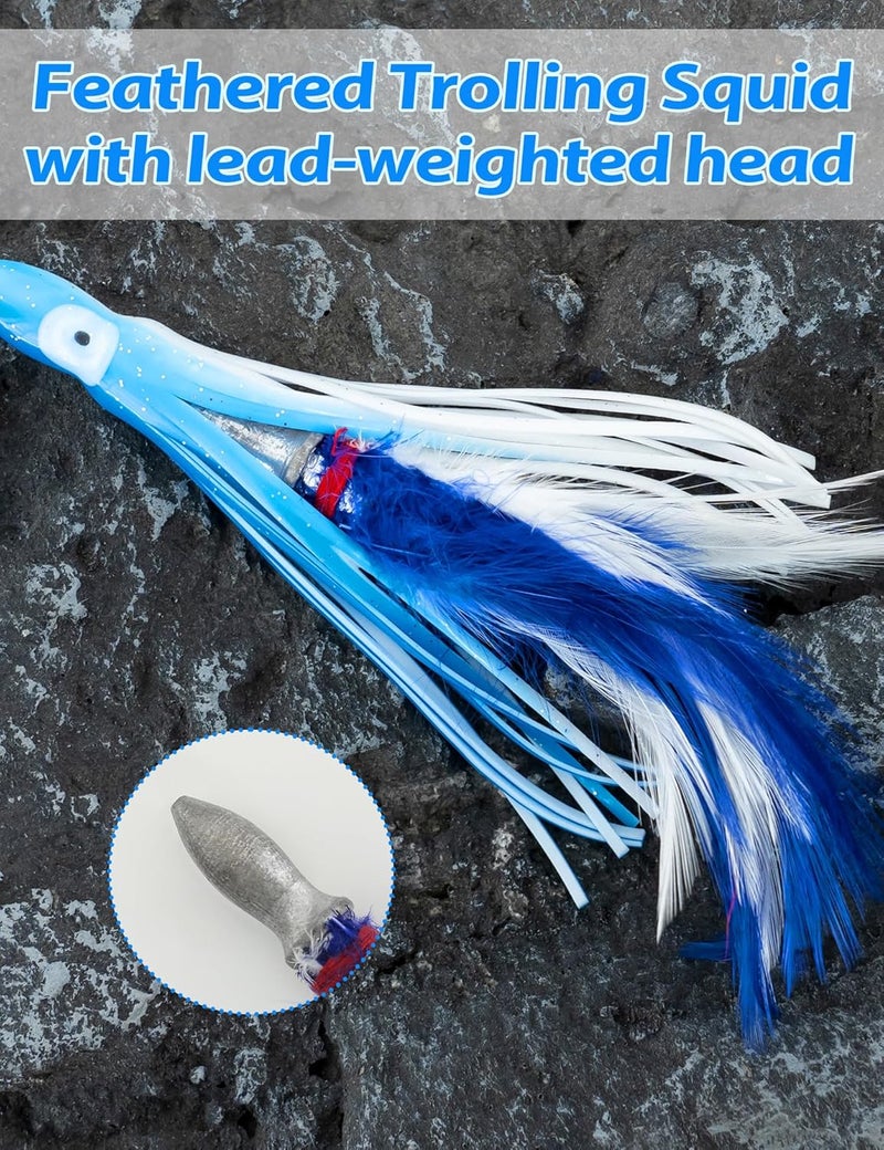 BLUEWING 5 Pack Tuna Feather Squid Lure Set Fishing Teaser with 4in/6in Feathered Trolling Octopus and Stainless Steel Hook for Mahi Wahoo Marlin Big Game - Image 2